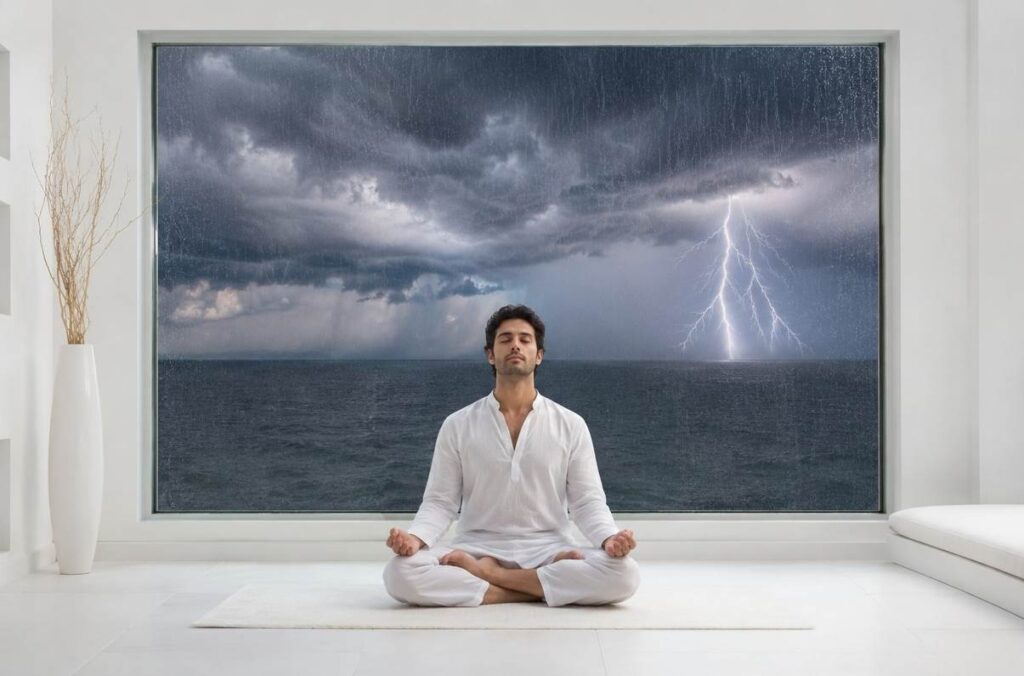 Person meditating in a pristine white room while ignoring a storm visible through the window