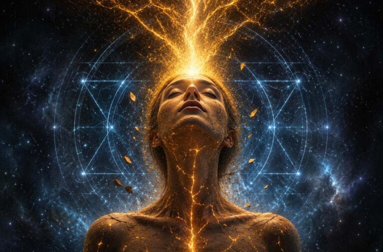 Human silhouette with golden light erupting from crown chakra in chaotic spirals, contained within geometric blue light boundaries, dark cosmic background