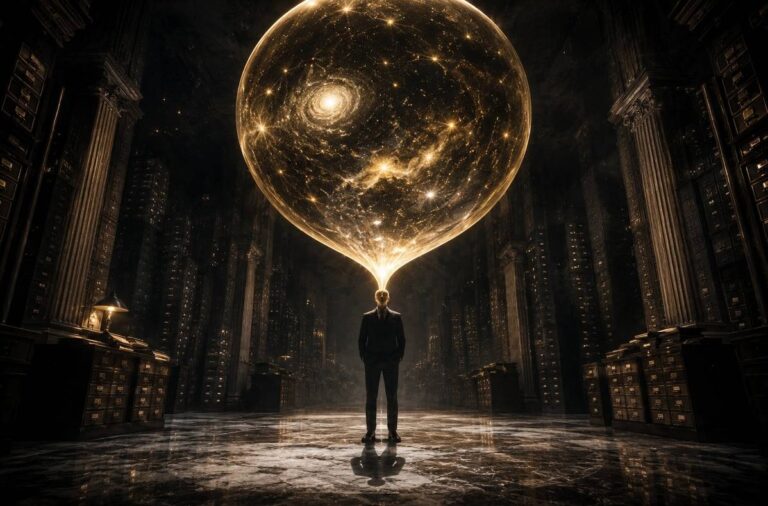 A figure in a celestial office with an inflated golden halo balloon emerging from their head, symbolising spiritual ego inflation