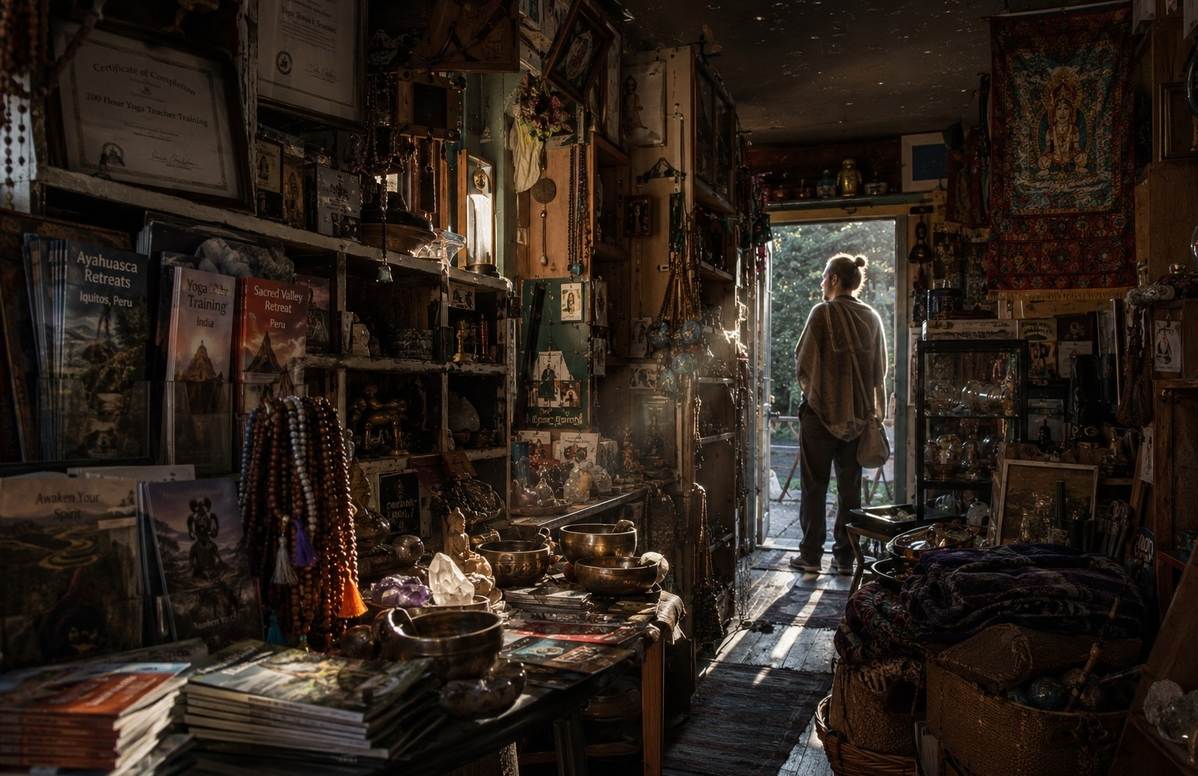 Cluttered spiritual junk shop with shelves overflowing with retreat brochures, mala beads, certificates, and exotic souvenirs