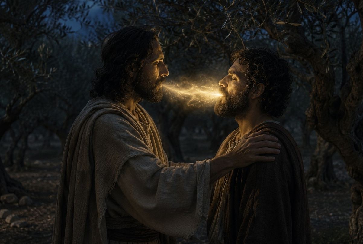 Two figures in ancient Galilean clothing exchanging golden light as initiatory breath