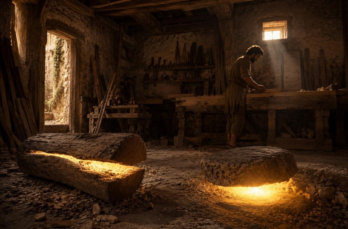 A carpenter's workshop where split wood and a lifted stone emit golden light from within
