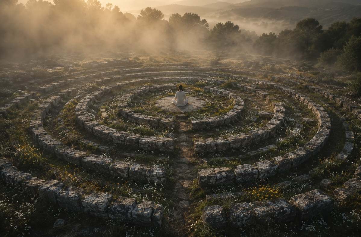 Contemplative figure seated at the centre of a spiralling stone labyrinth with three concentric rings representing immediate, short-term and long-term integration stages