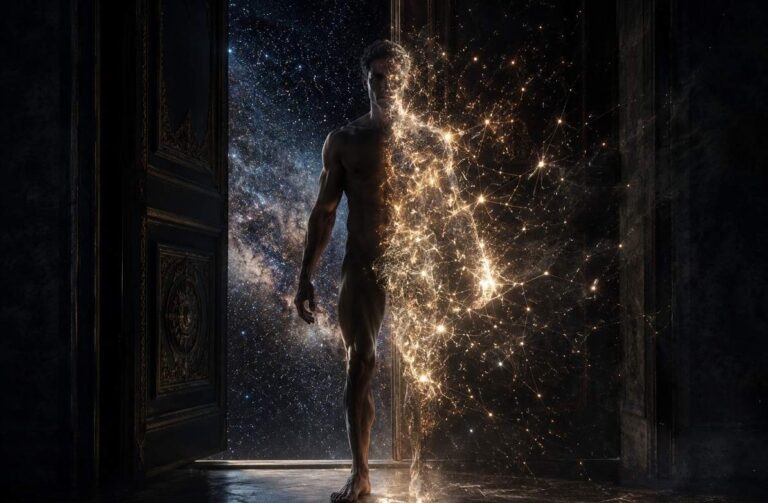 Translucent human figure half flesh and half dissolving into light at an open door to starfield