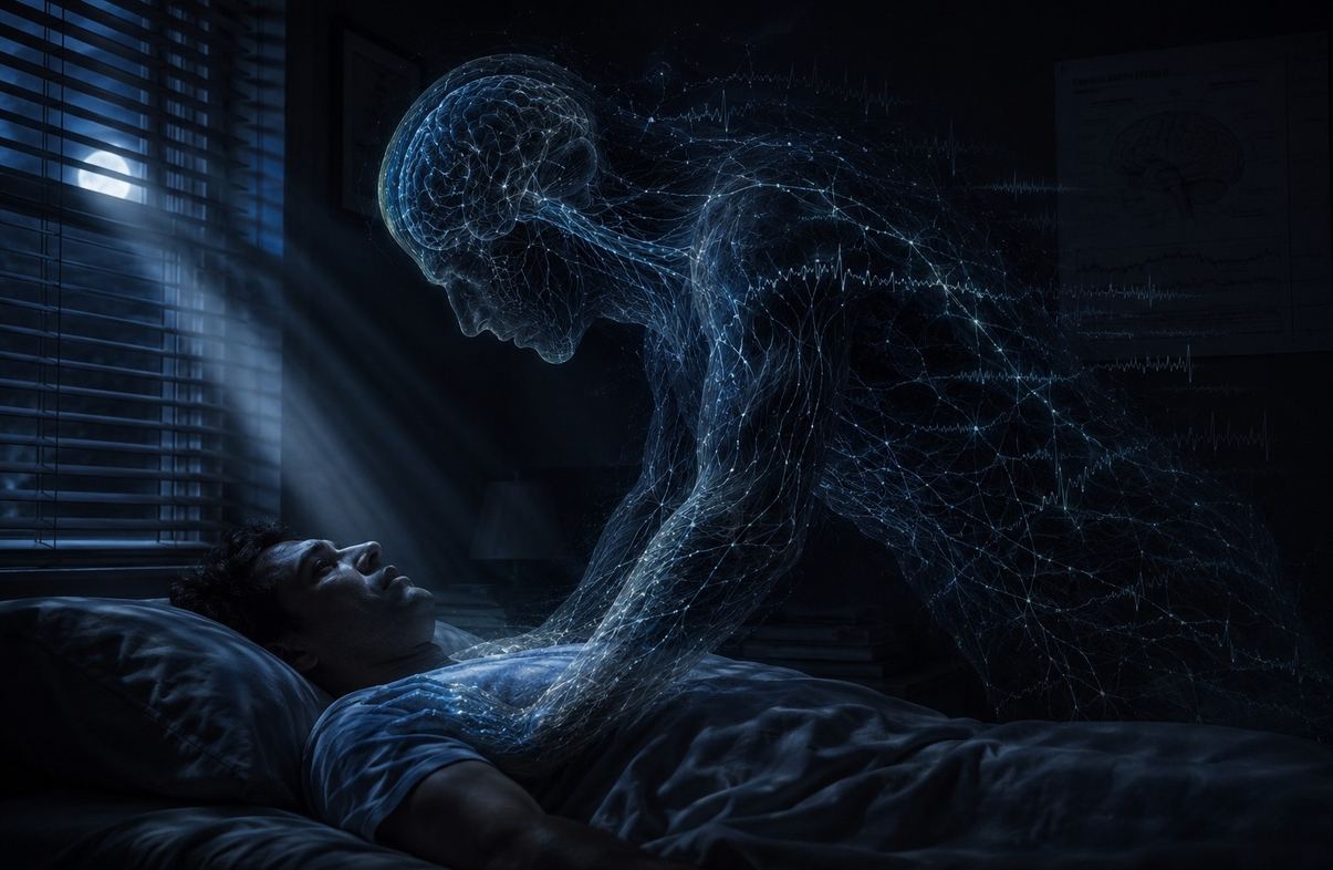 Paralysed sleeper with shadowy intruder figure composed of visible neural pathways and brainwaves