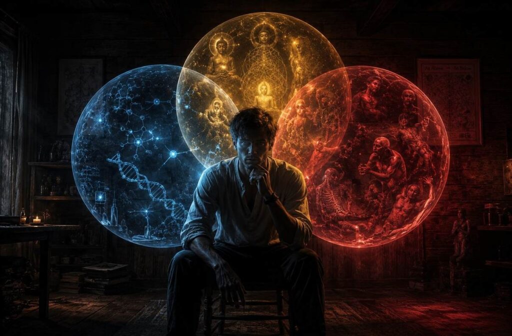 Figure surrounded by blue, gold, and red translucent spheres representing scientific, spiritual, and pathological frameworks