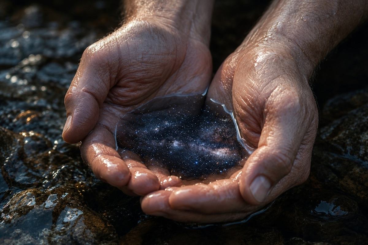 Weathered hands cupping water from a stream reflecting a starfield instead of sky