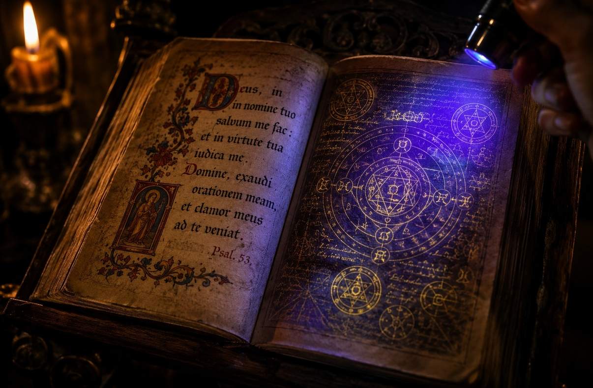 Ancient book with visible Christian text and hidden alchemical symbols emerging under ultraviolet light