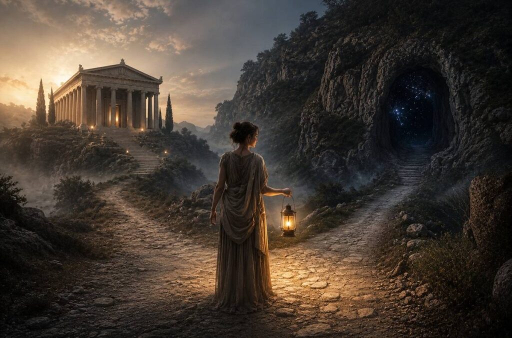 A contemplative figure at a crossroads between a serene Stoic temple and a dark Gnostic cave entrance, representing the complementary nature of both traditions.