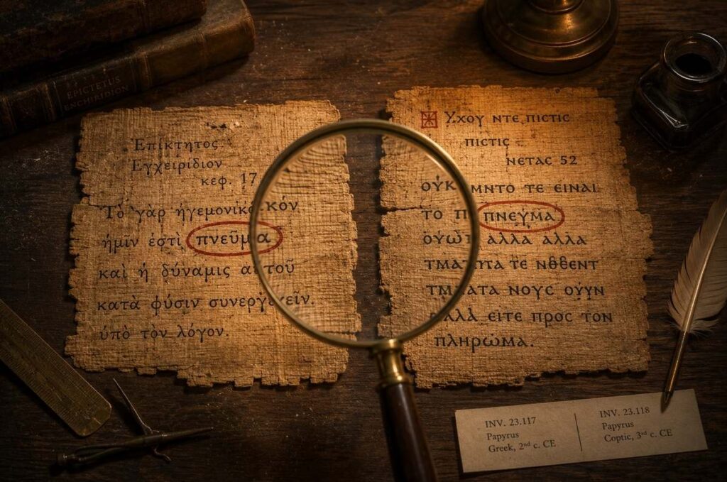 Ancient papyrus fragments showing Stoic and Gnostic texts with shared terminology circled in red ink, representing the common vocabulary of both traditions.