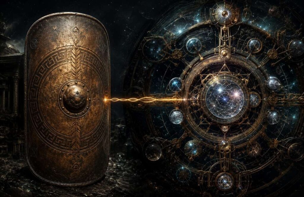 A split composition showing a Roman Stoic shield on the left and a Gnostic cosmic engine on the right, connected by a golden thread, representing complementary spiritual technologies.