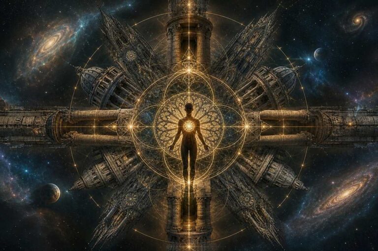 Human silhouette at centre of cosmic architectural diagram with Gothic spires, Egyptian columns, and Renaissance domes radiating outward connected by golden sacred geometry lines