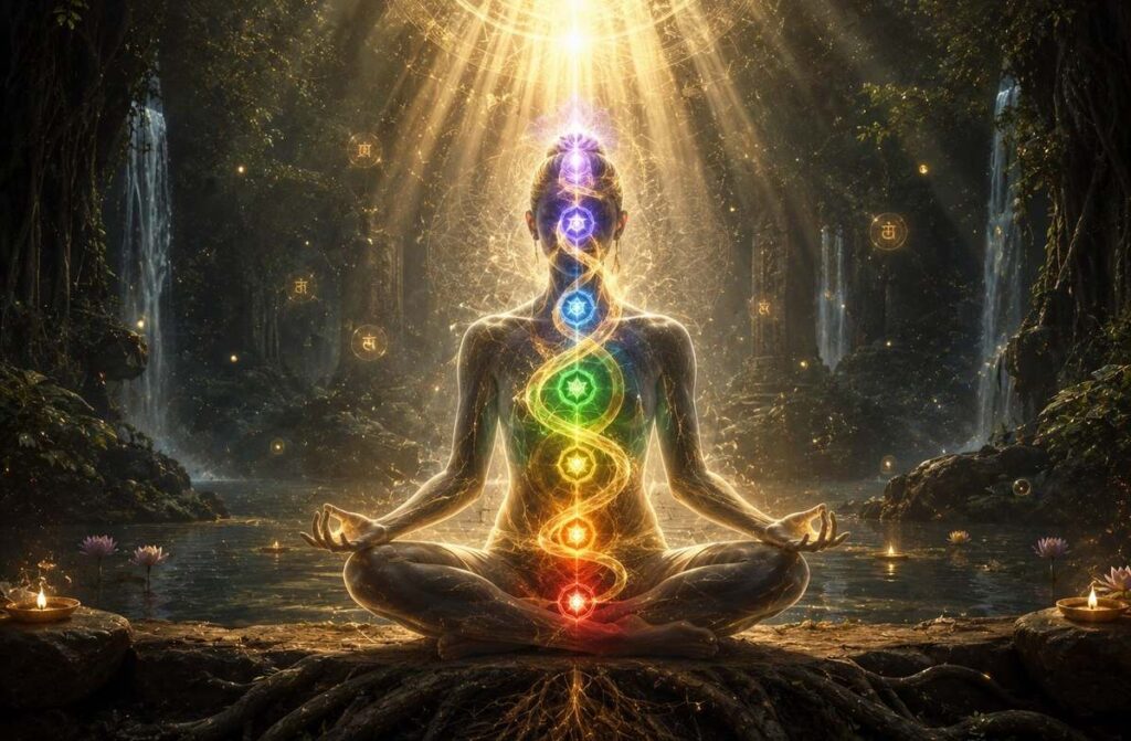 Meditating figure with seven glowing chakra centres and golden serpent energy rising from base to crown.