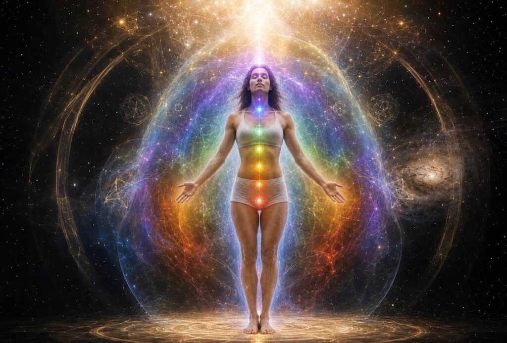 Human figure with layered energy bodies from physical to bliss body extending outward