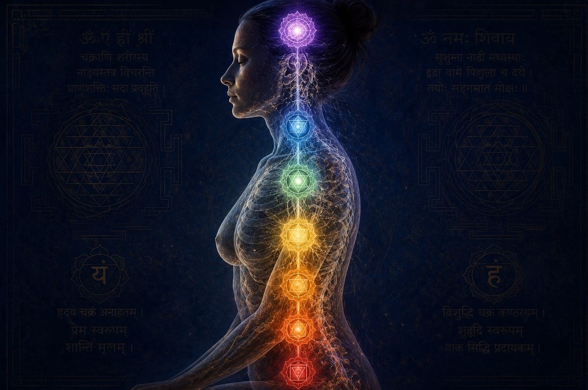 Translucent human figure with seven luminous chakra centres and nadis as silver threads.