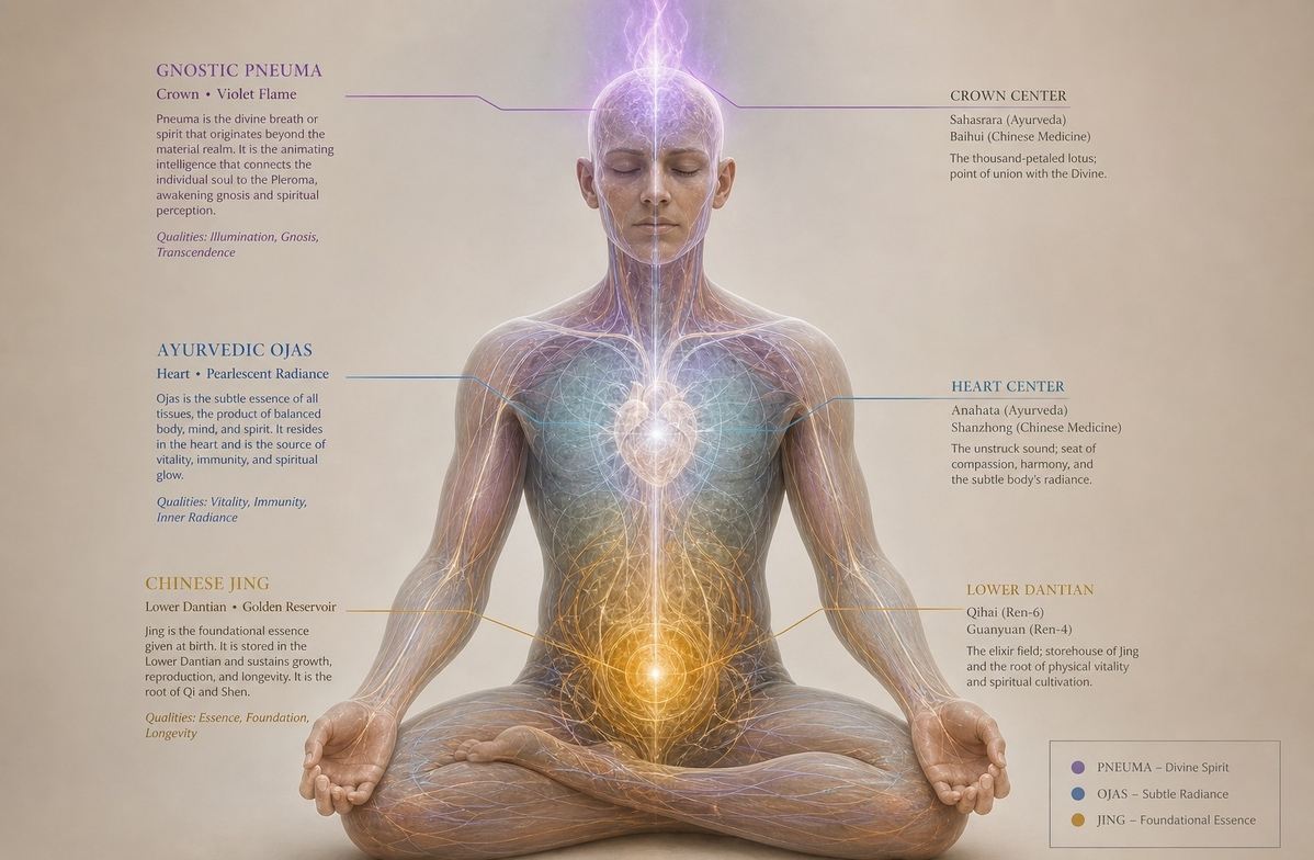 Human subtle body showing jing ojas and pneuma energy systems overlay