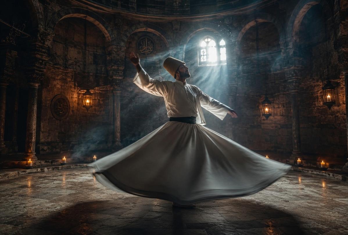 Mevlevi dervish in white robes whirling in ancient stone chamber with one palm raised to heaven and one to earth