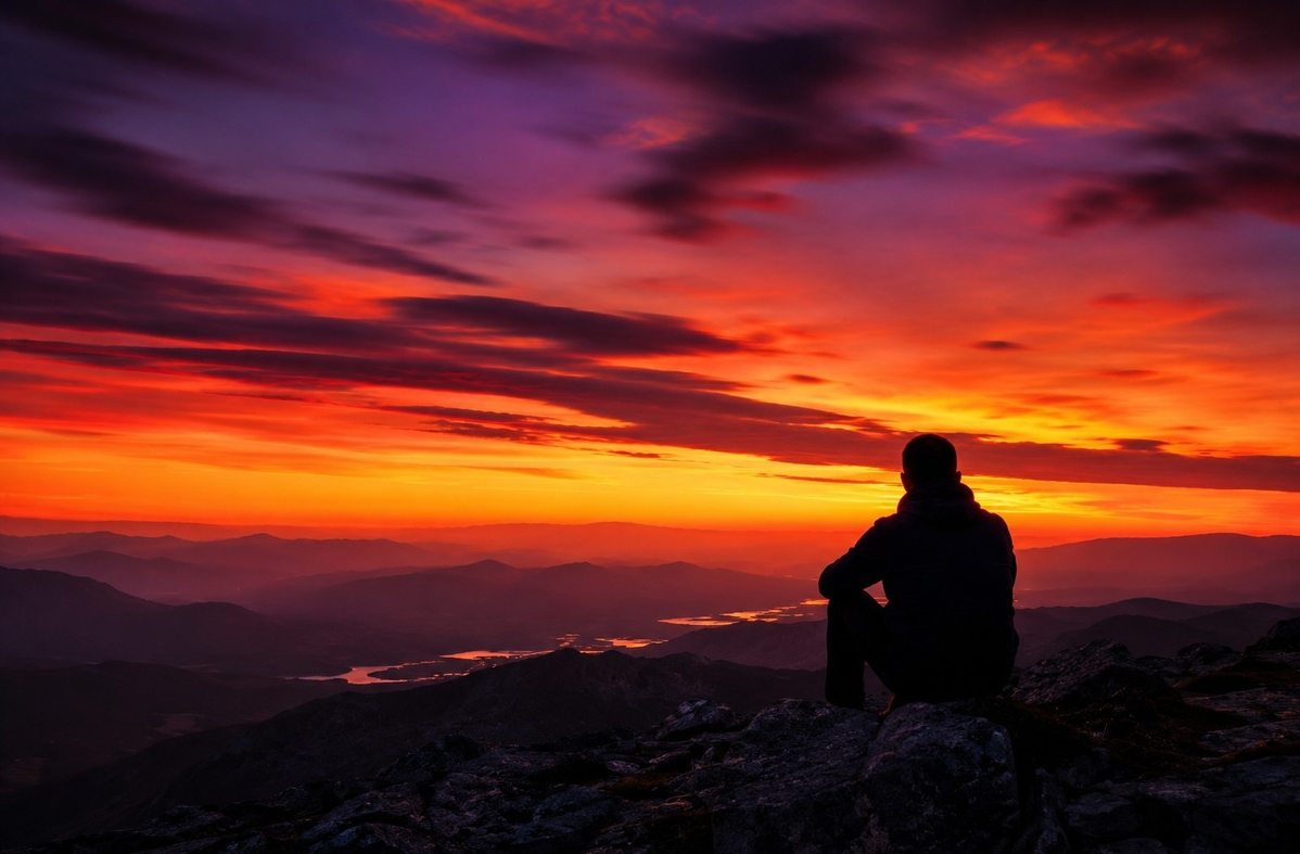 Person silhouetted against dramatic sunset with afterglow colours in sky