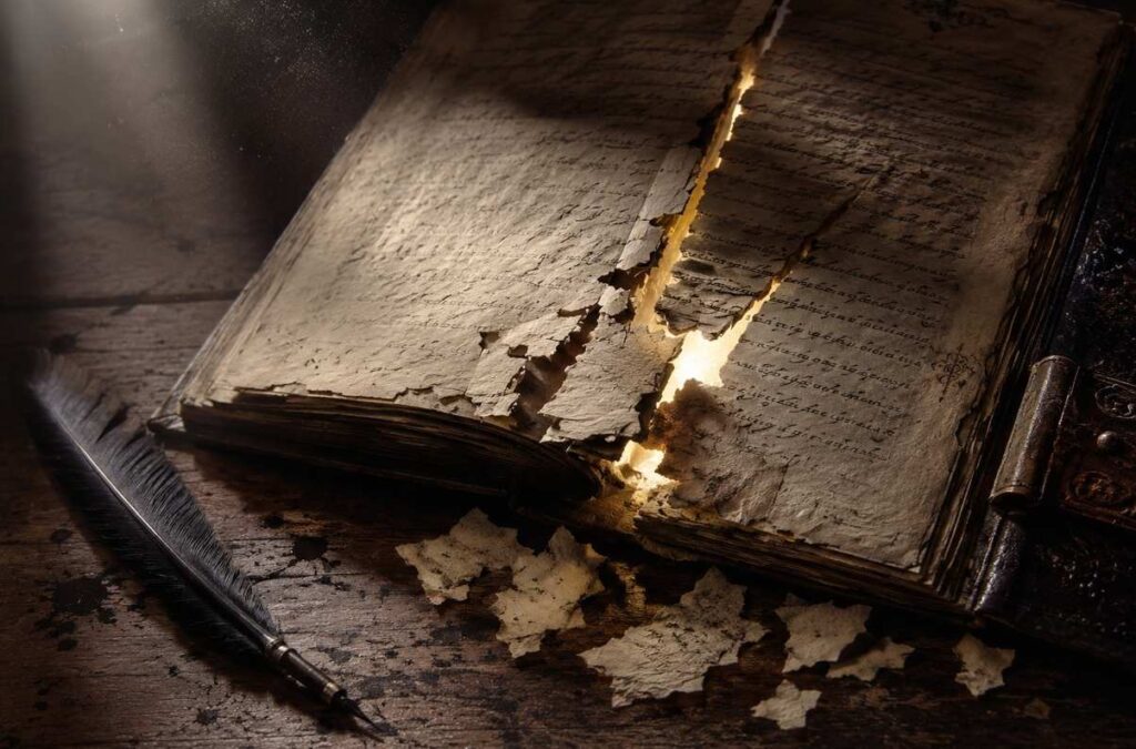 Surgical removal of manuscript pages, torn edges with golden light bleeding through, dark ink stains where text was scraped away