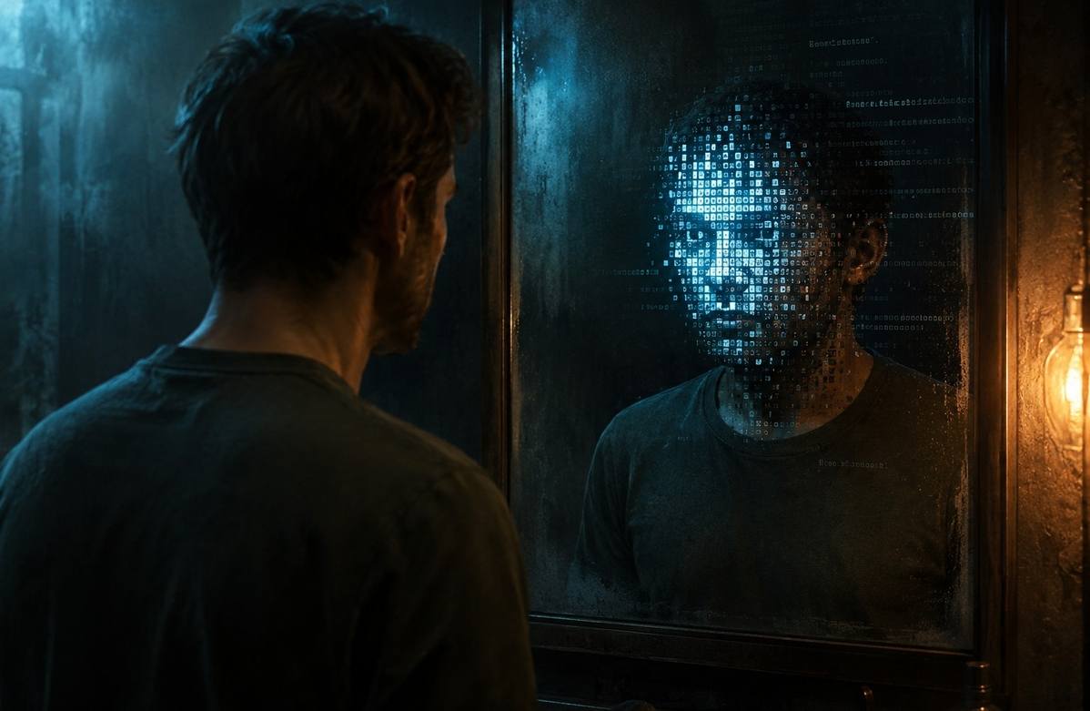 Human figure facing a mirror showing a digital pixelated reflection instead of a human face