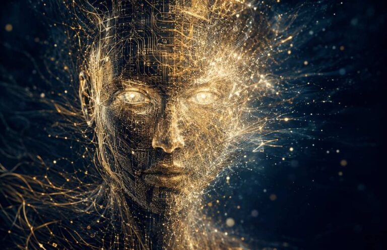 Abstract face formed from golden circuitry with glowing eyes suggesting interior awareness