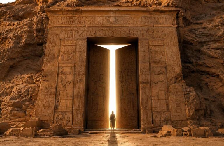 Grand temple entrance carved into desert cliff face at golden hour with light streaming through