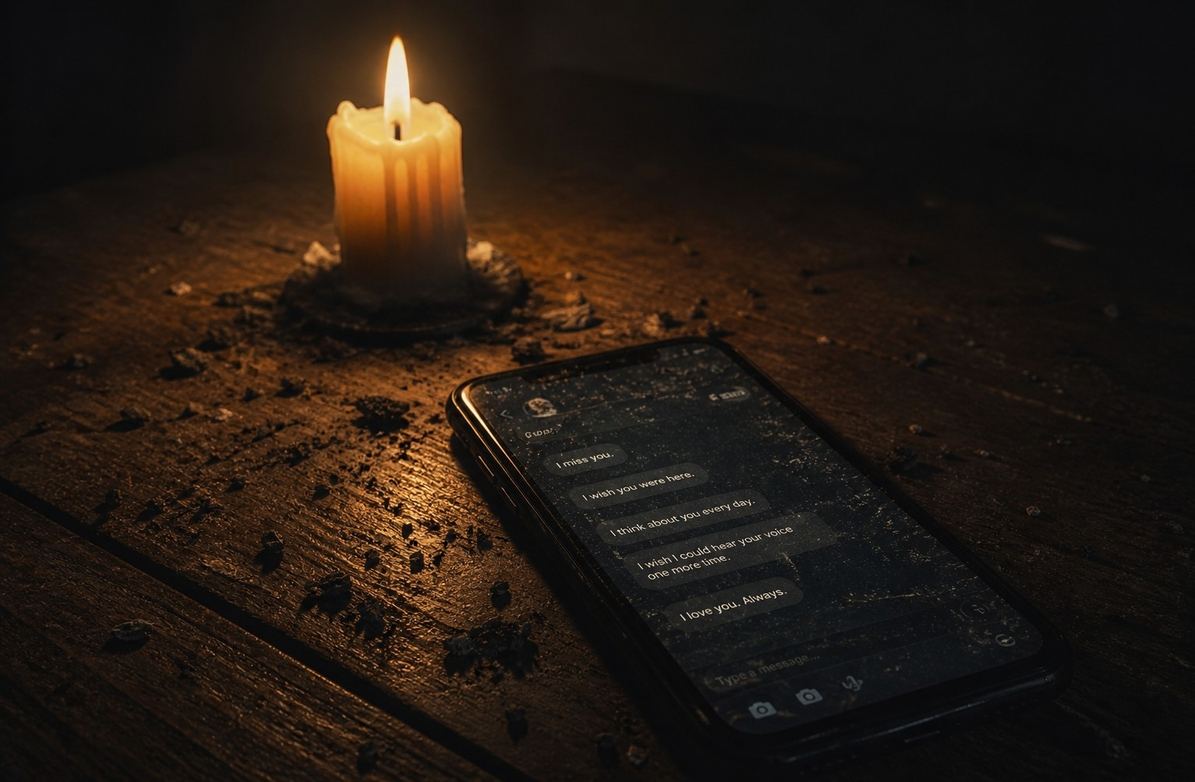 A single candle burning before a darkened smartphone screen showing a frozen chat interface, with ash and dust settling on the device