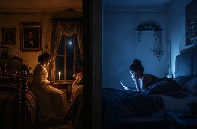 Split composition of candlelit 19th-century bedroom vs modern blue LED bedroom