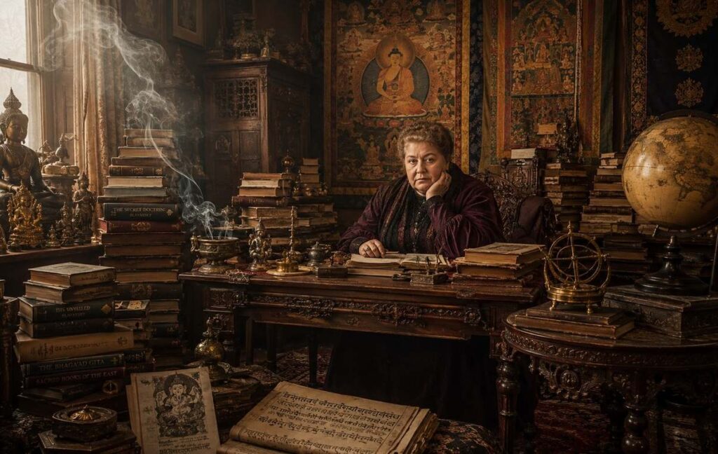 Victorian-era occult study salon with Helena Blavatsky seated among Eastern and Western sacred texts, incense smoke, and Egyptian artefacts
