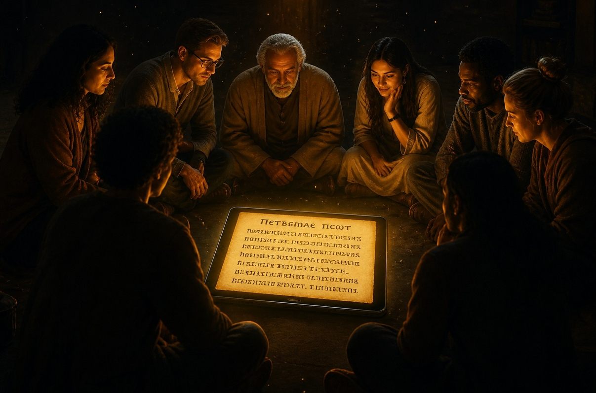 Silhouettes of people in circle around glowing tablet displaying ancient text