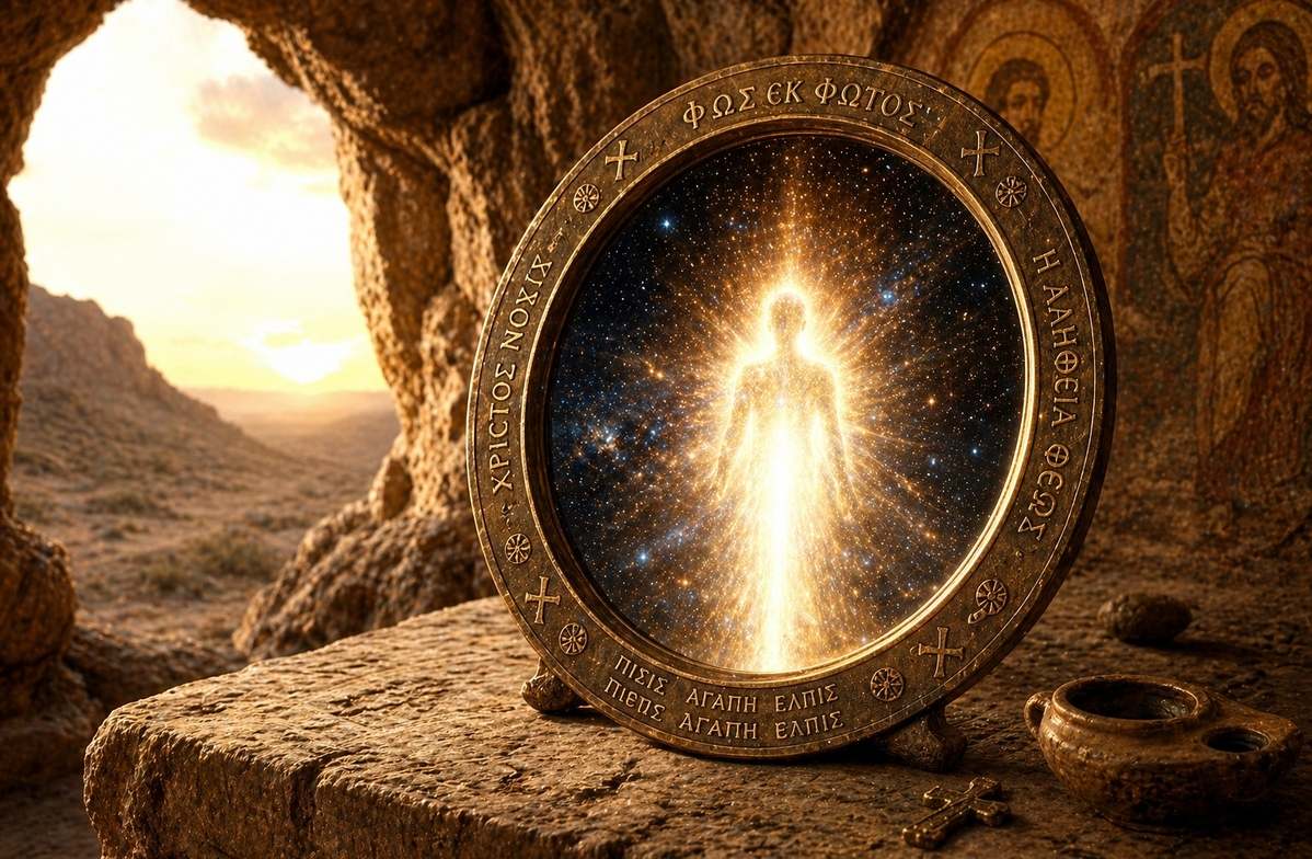 Ancient polished bronze mirror reflecting a star-filled cosmos and a figure merging with divine light