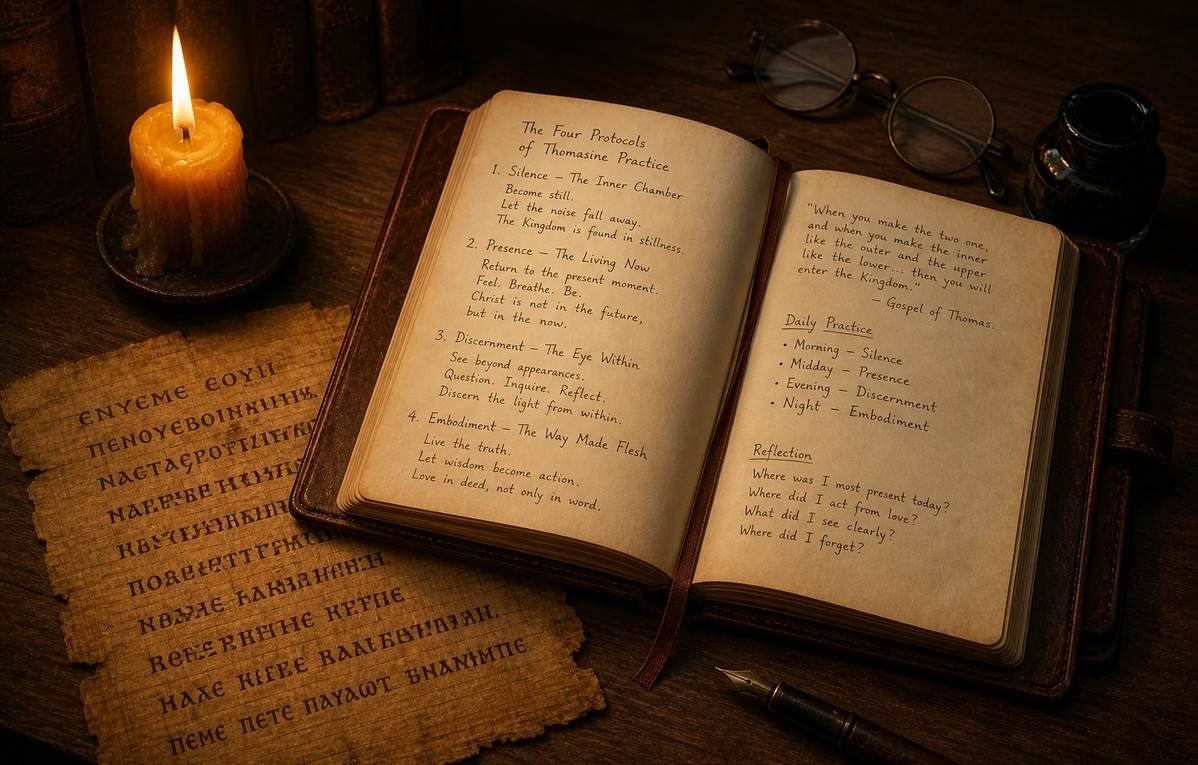 Open journal with handwritten notes beside lit candle and ancient manuscript