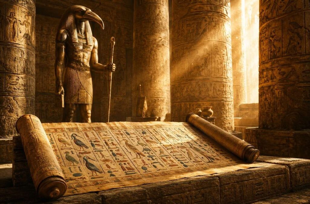 Ancient Egyptian papyrus with bird hieroglyphs and ibis-headed Thoth statue in temple setting