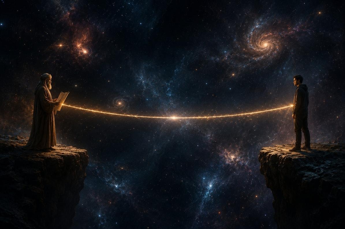 Ancient robed scholar and modern seeker connected by luminous golden thread across cosmic void