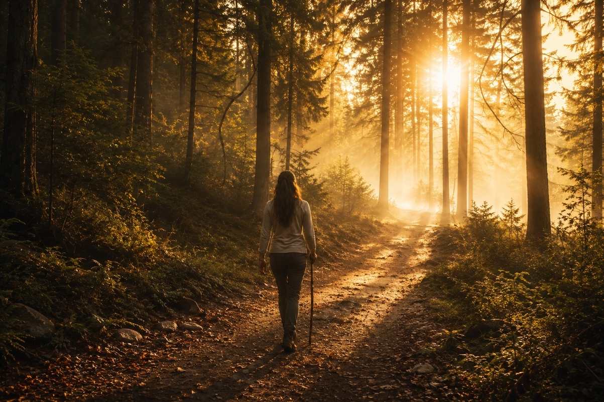 Person walking at sunrise with light streaming through trees