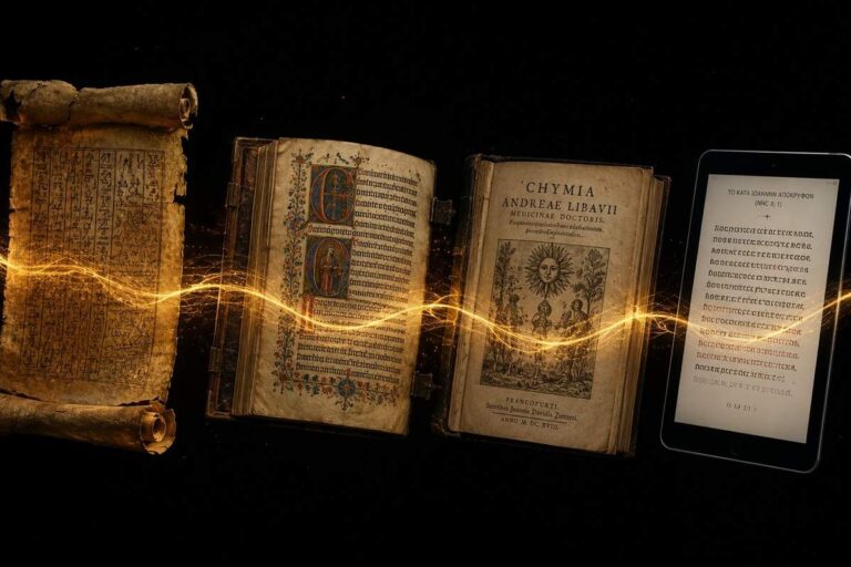 Golden thread of light passing through time from ancient Egyptian papyrus to medieval manuscript to Renaissance book to modern tablet