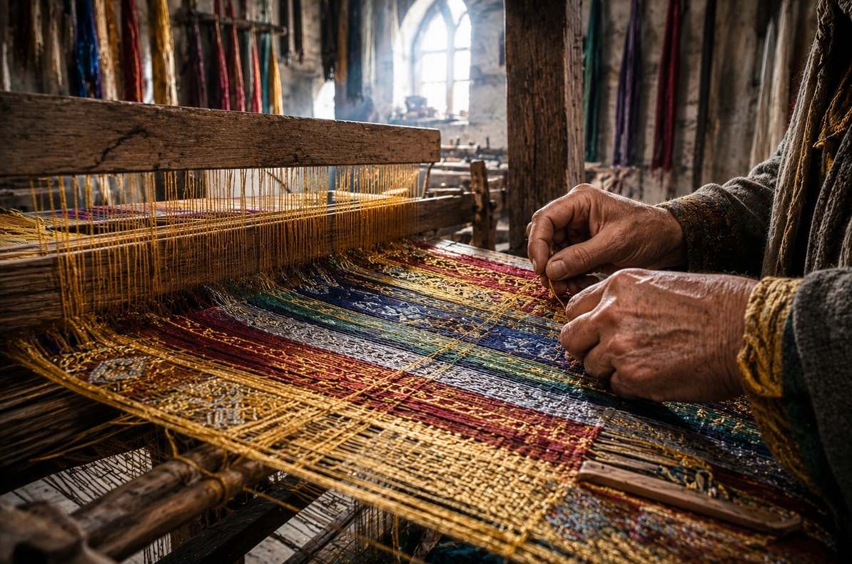Skilled hands weaving golden threads of different colours into a unified tapestry on an ancient loom