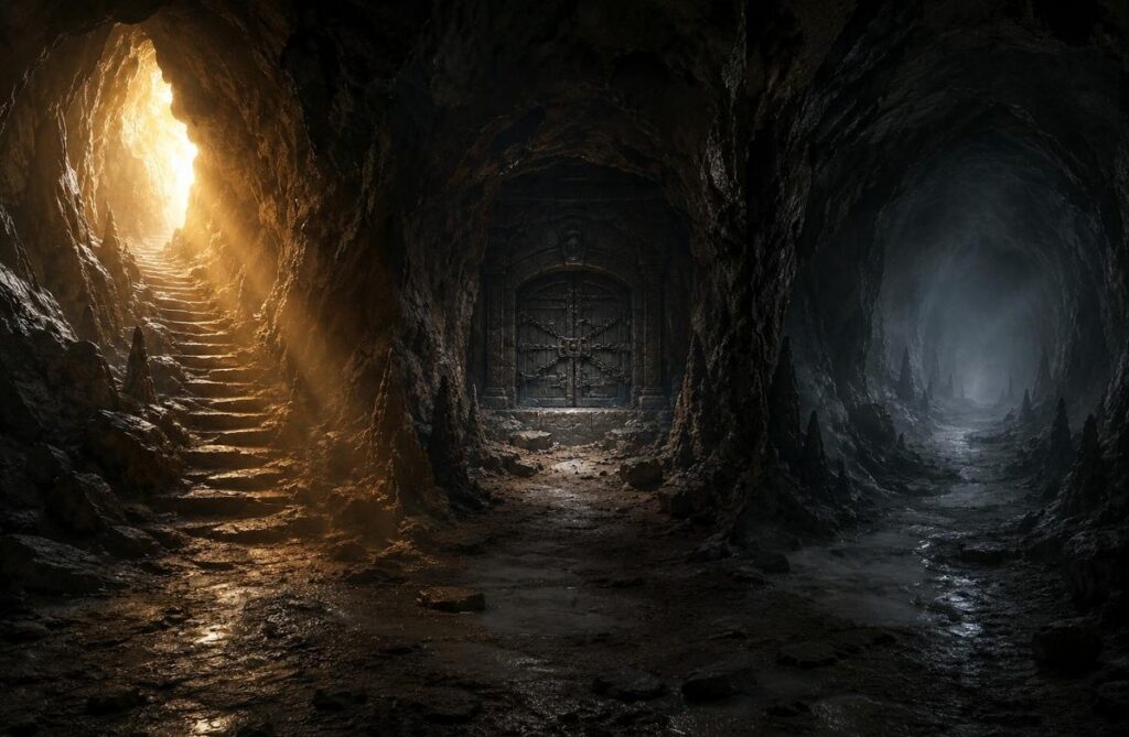 Three diverging paths in dark cavern leading to light, prison, or mist