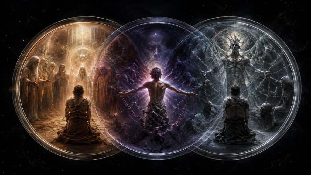 Three overlapping lenses showing binding through New Age, Jungian, and Gnostic perspectives
