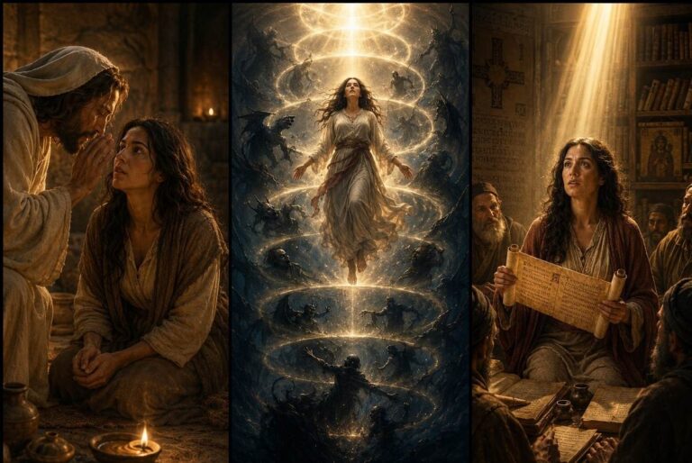 Triptych showing Mary Magdalene as receiver of secret teaching, ascending past seven powers, and interpreting scripture before disciples.