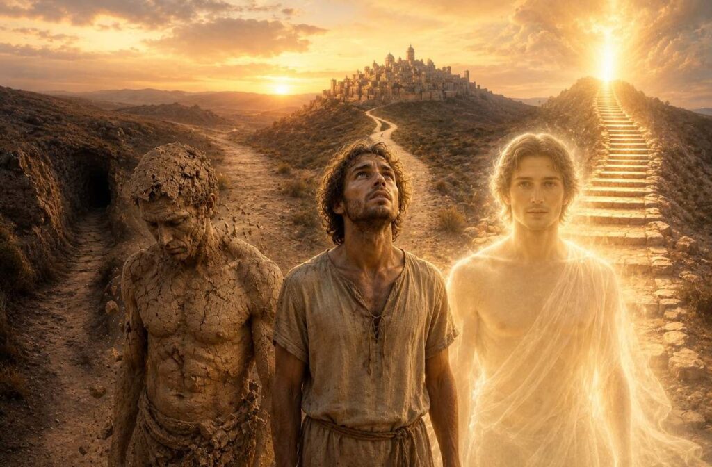 Three figures in a desert at dawn: one of crumbling clay, one of uncertain flesh, one of translucent light, with diverging paths.