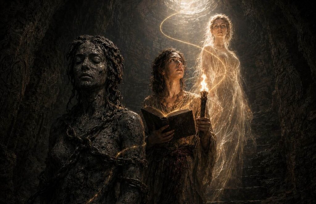 Three figures representing Gnostic natures in a descending cave