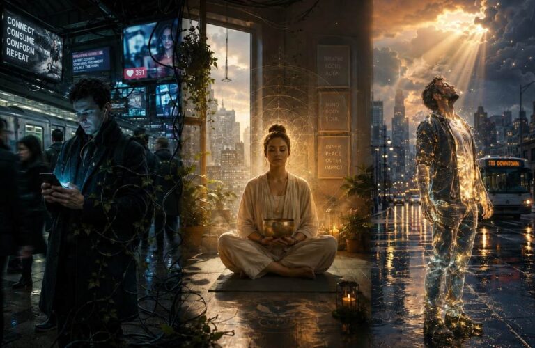 Three modern figures representing Gnostic natures: a screen-absorbed commuter, a wellness practitioner in meditation, and an ordinary person transparent to divine light, set in a contemporary urban twilight