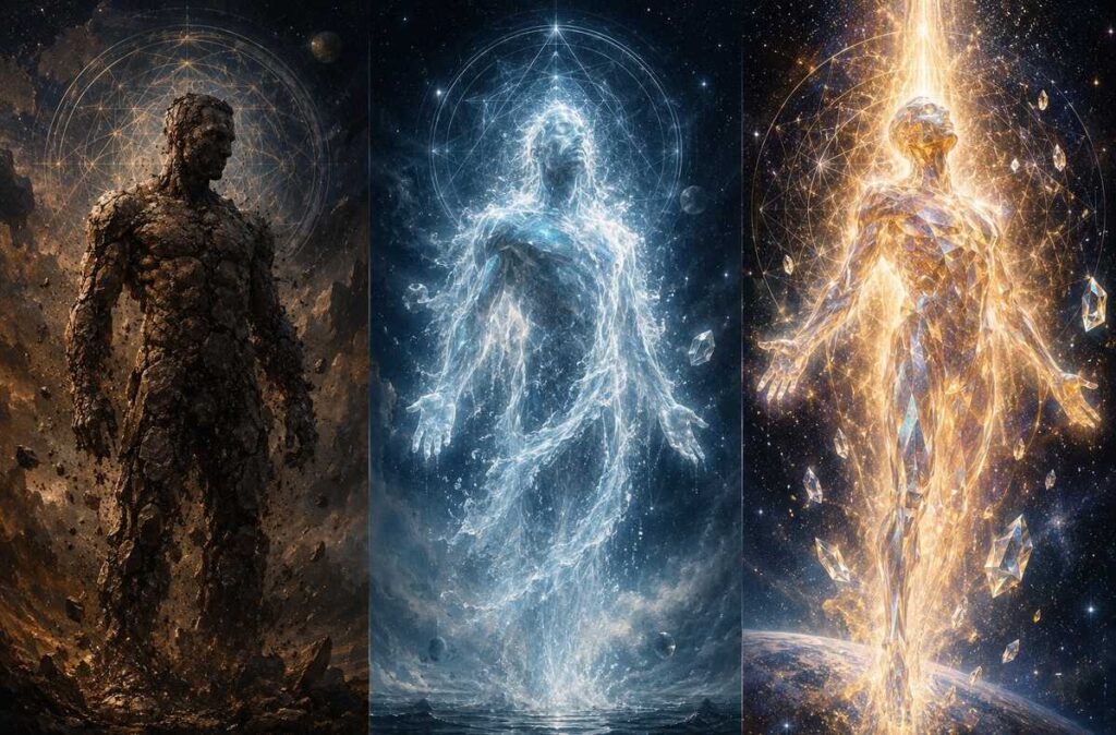 Triptych of three human figures made of earth, mist, and light representing hylikos, psychikos, and pneumatikos
