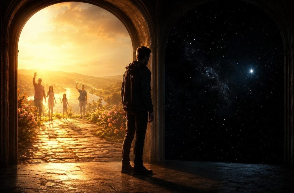 A figure between a warm golden tunnel with deceased relatives and a cold starfield with a distant real light.