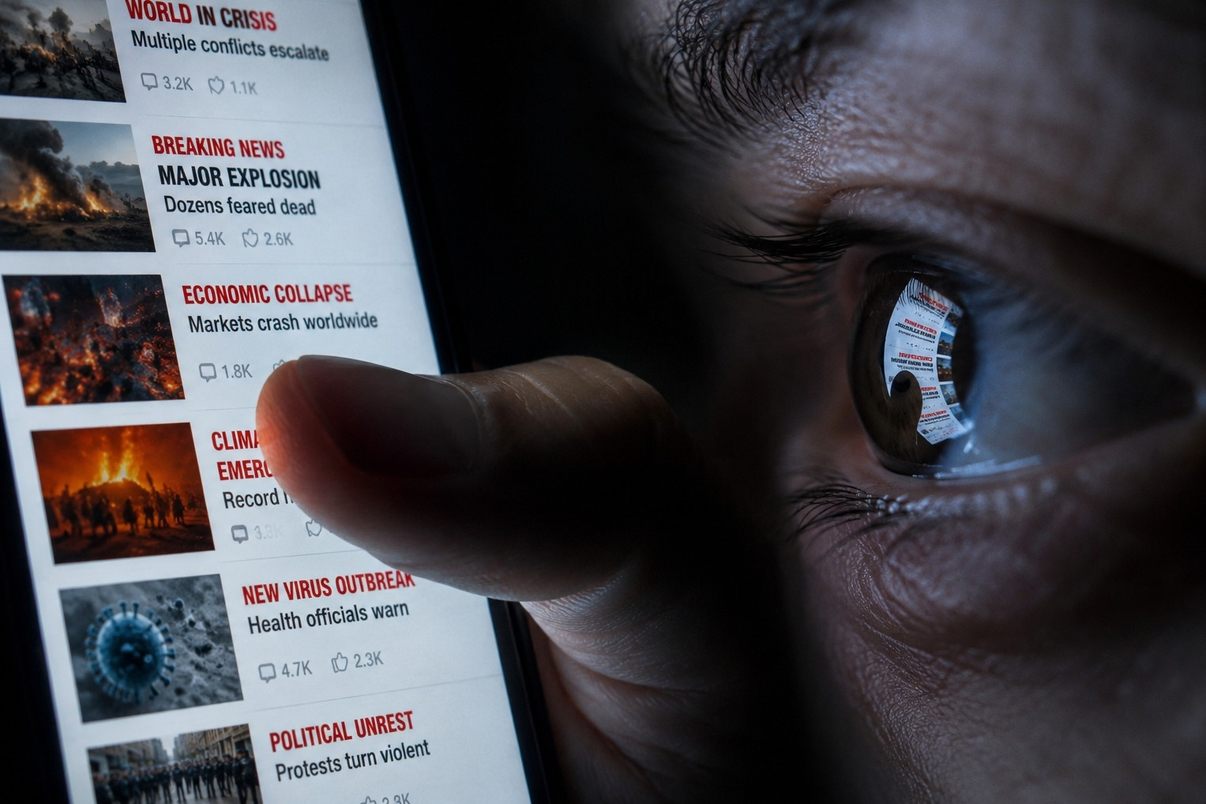 Extreme close-up of thumb scrolling social media feed with disaster headlines reflected in a dilated pupil