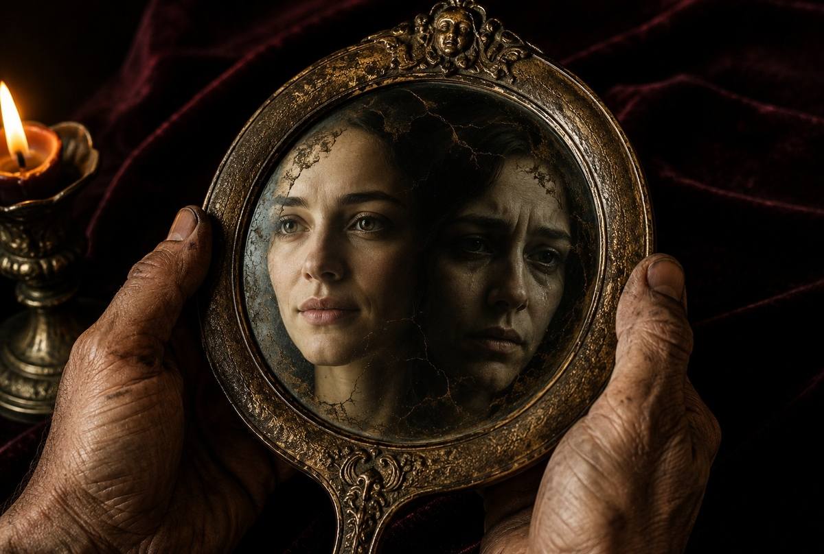 An antique bronze mirror held by two hands, reflecting both a serene face and a shadowed face simultaneously, symbolising the paradoxical divine voice of Thunder Perfect Mind