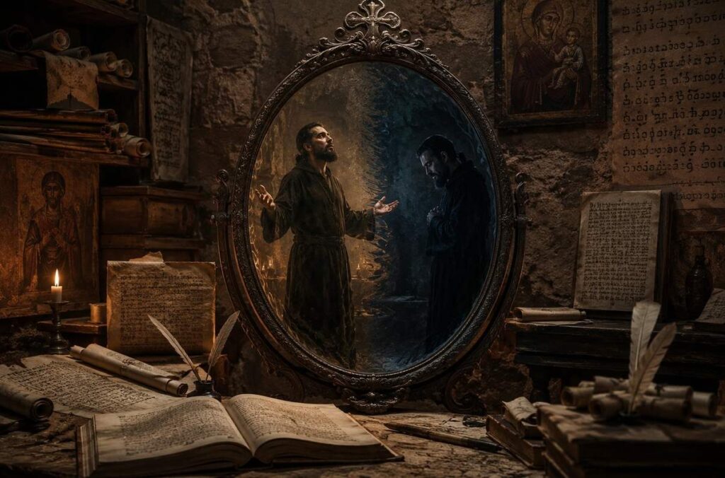 A rippling antique mirror reflecting dual aspects of a single robed figure, symbolising the paradoxical identity statements in the Gnostic text