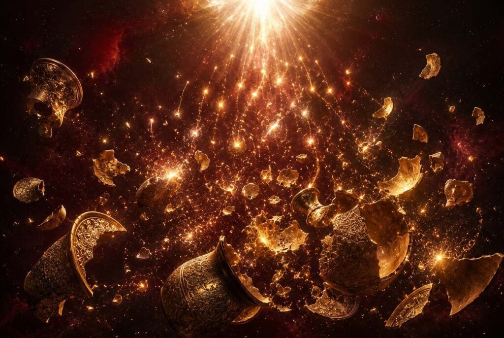 Shattered divine vessels with golden sparks ascending toward restoration and repair