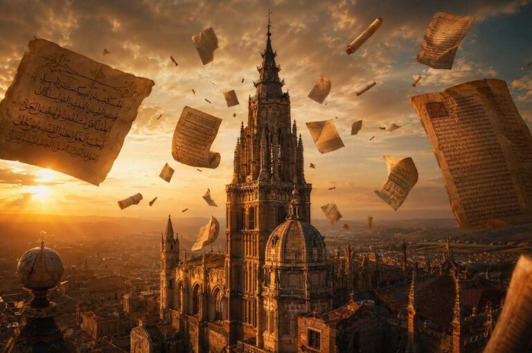 Cathedral of Toledo at golden hour with Gothic spires and floating ancient manuscripts